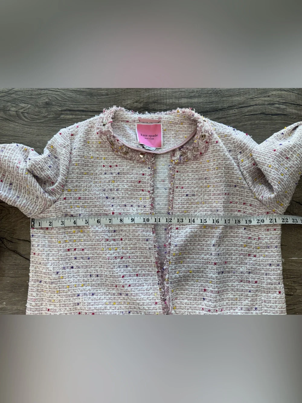 Kate Spade Pink Strawberry Tweed Pocket Open Front‎ Long Jacket Coat size 12
